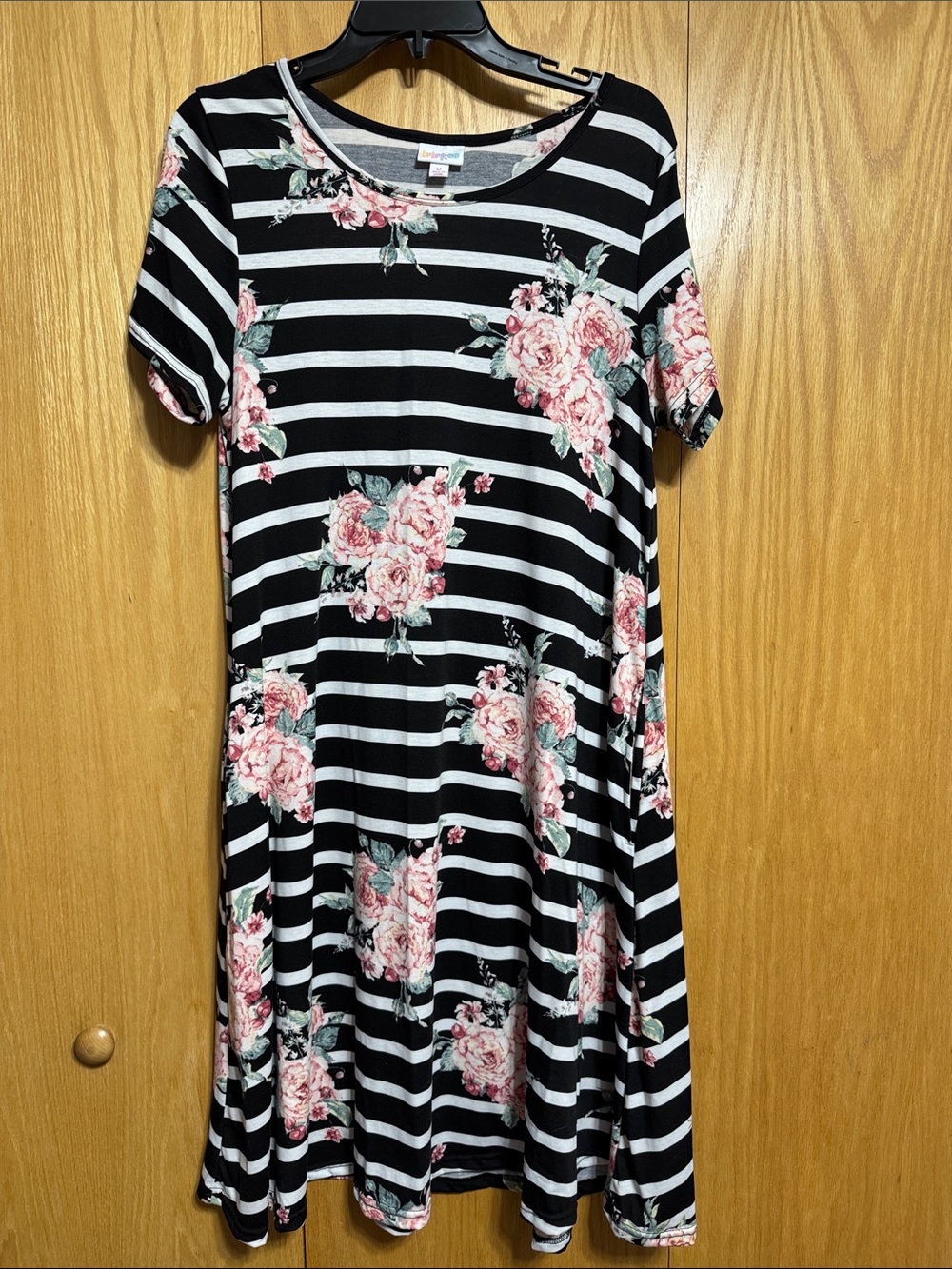 LuLaRoe Jessie Black & White Striped Dress with Pink Rose Print